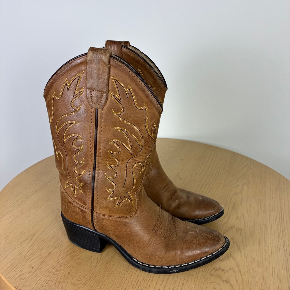 Old West Leather Western Cowboy Boots Pointed Toe Stitched B8129 Boys 1.5 Rodeo
